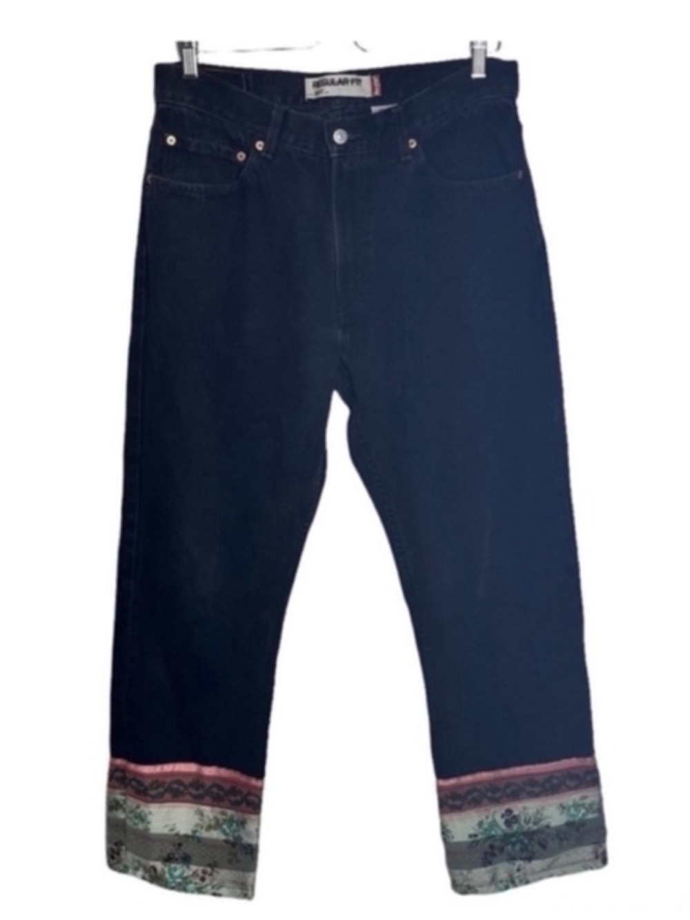 LEVI’S 505 Regular Fit Jeans W33 L34 Black Reworked Floral Trim Hem